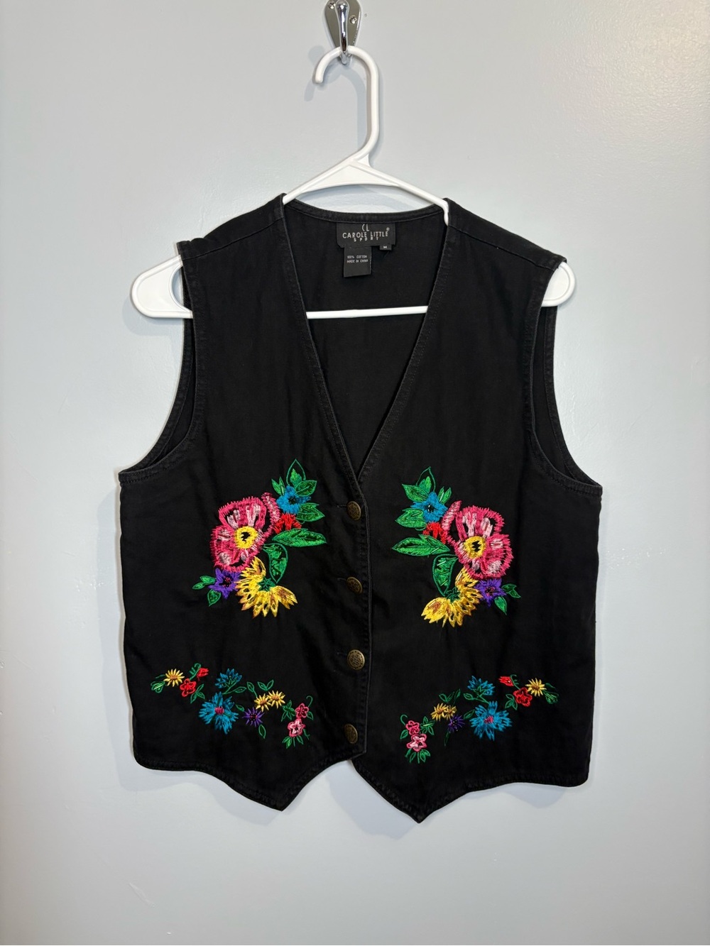 Vintage Carole Little Sport Black Embroidered Floral Vest 100% Cotton Women Med
